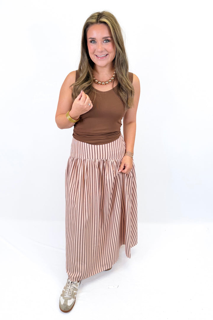 PINK & BROWN STRIPE DROP WAIST MIDI SKIRT