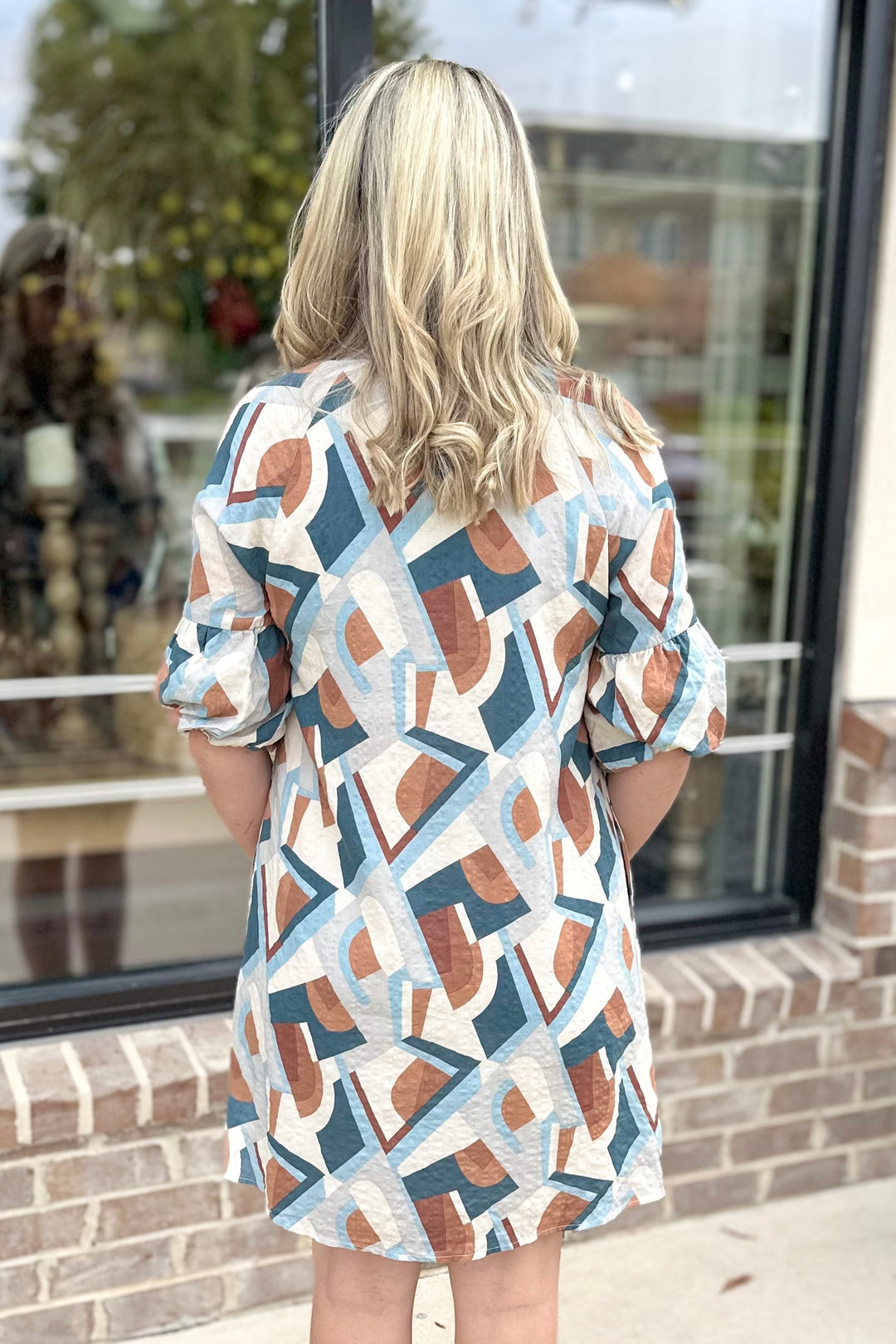 BROWN & BLUE GEO PRINT VNECK DRESS