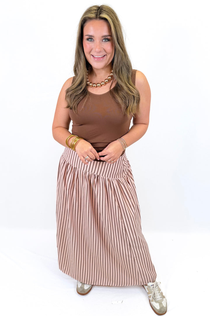 PINK & BROWN STRIPE DROP WAIST MIDI SKIRT