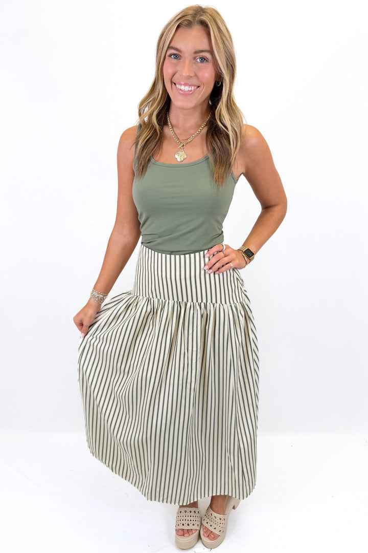 GREEN & CREAM STRIPE DROP WAIST MIDI SKIRT