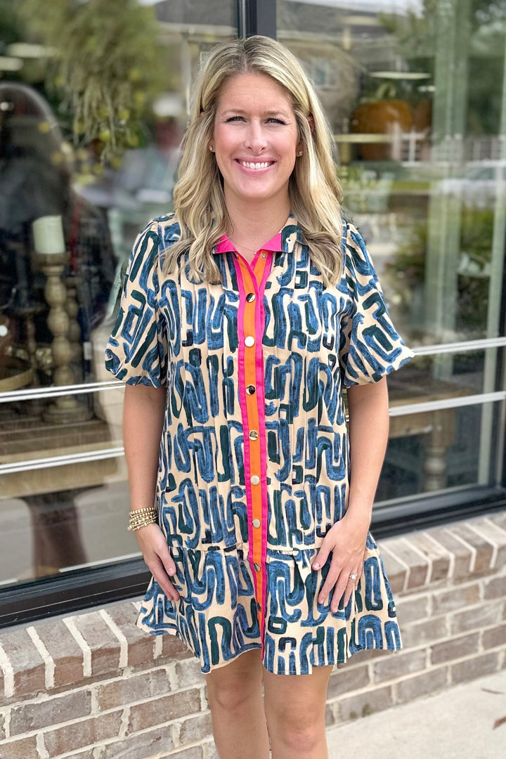 NAVY ABSTRACT ORANGE STRIPE BUTTON DRESS