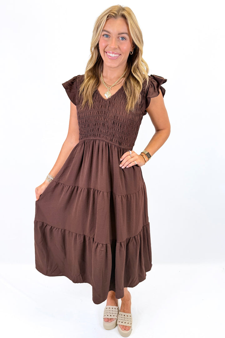 BROWN SMOCKED FLUTTER SLEEVE MIDI DRESS