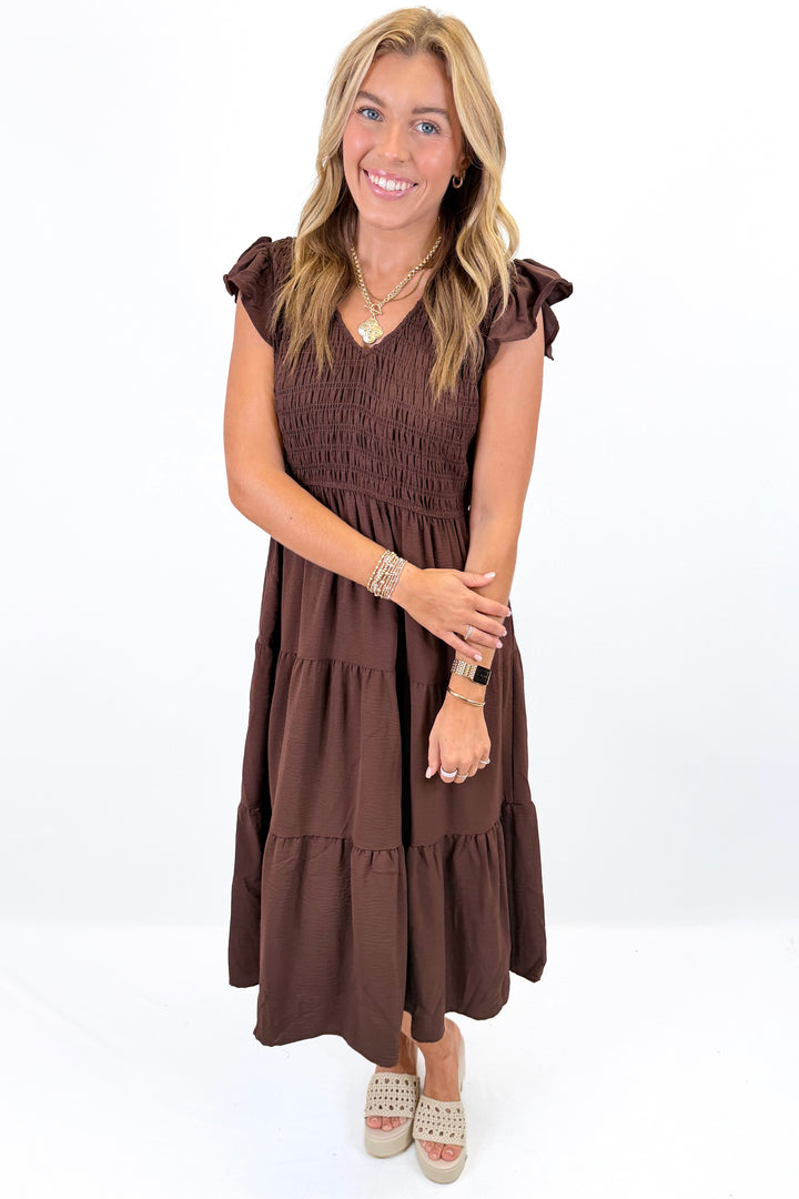 BROWN SMOCKED FLUTTER SLEEVE MIDI DRESS