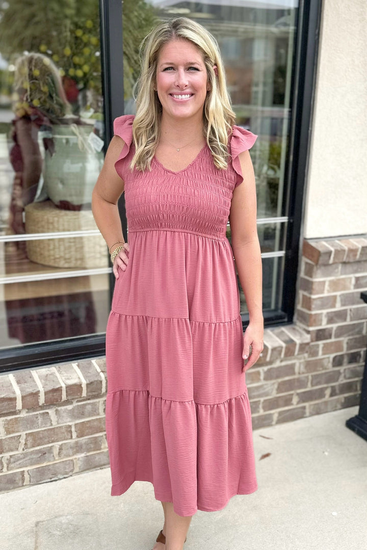 MAUVE SMOCKED BUST MIDI DRESS