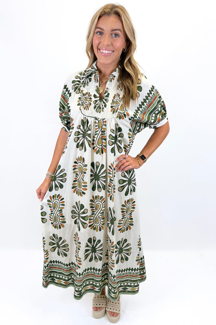 OLIVE PRINTED SMOCK NECKLINE MIDI DRESS
