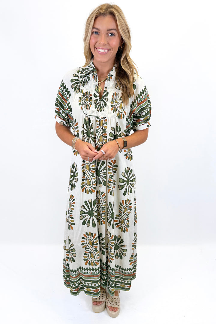 OLIVE PRINTED SMOCK NECKLINE MIDI DRESS