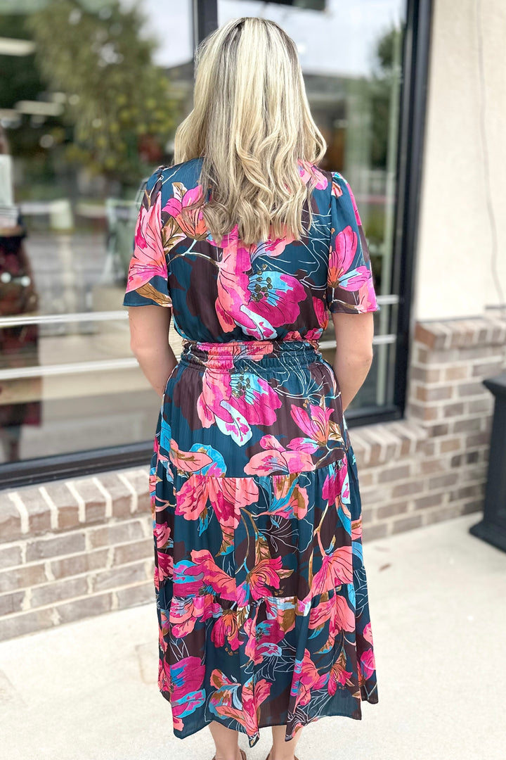 NAVY FLORAL SATIN ELASTIC WAIST MIDI DRESS