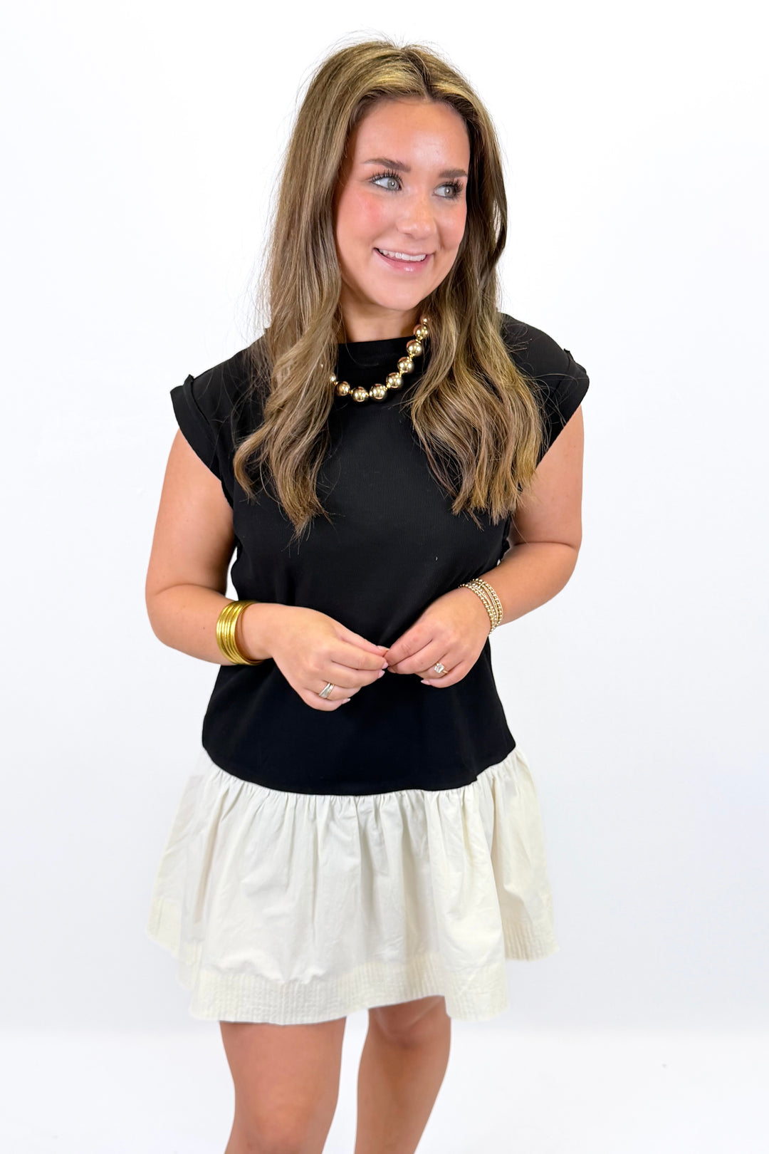 BLACK & CREAM RUFFLE HEM MINI DRESS