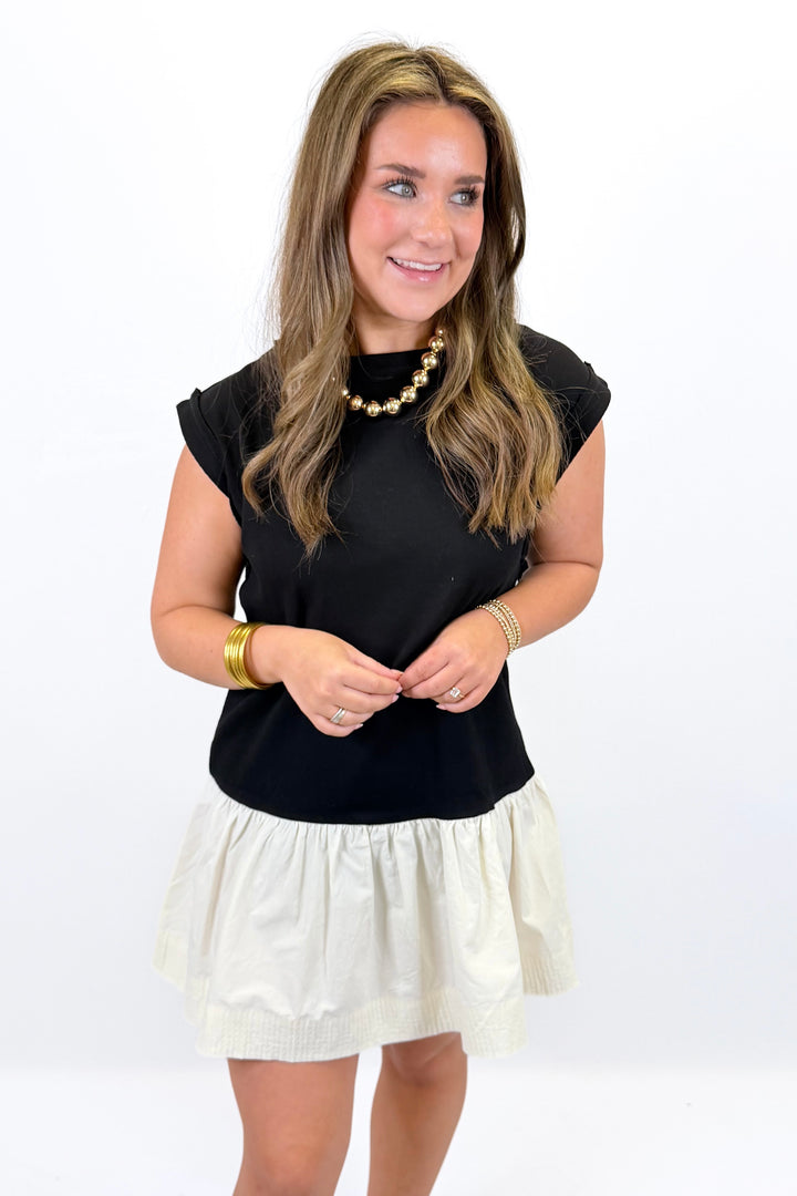 BLACK & CREAM RUFFLE HEM MINI DRESS