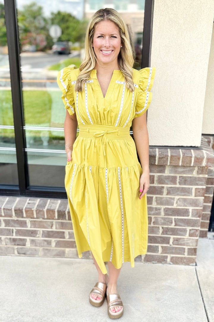 CHARTREUSE LACE DETAIL POPLIN MIDI DRESS
