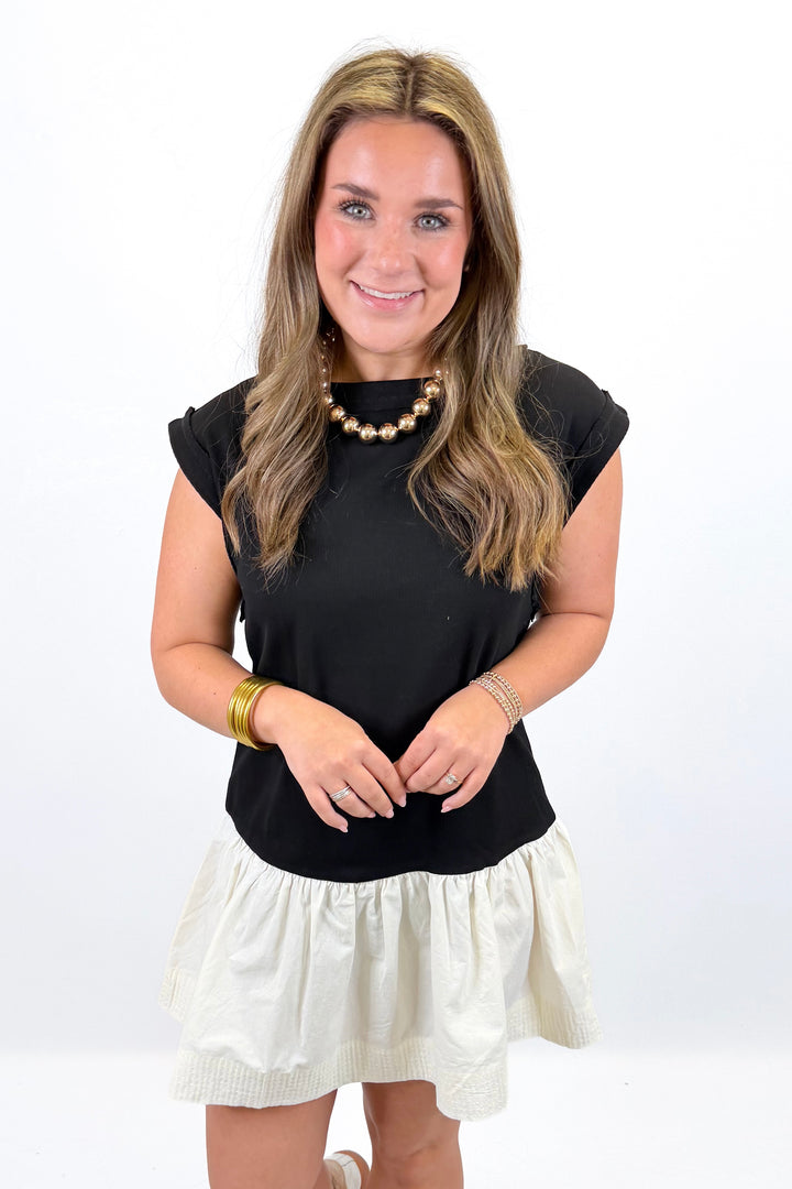 BLACK & CREAM RUFFLE HEM MINI DRESS