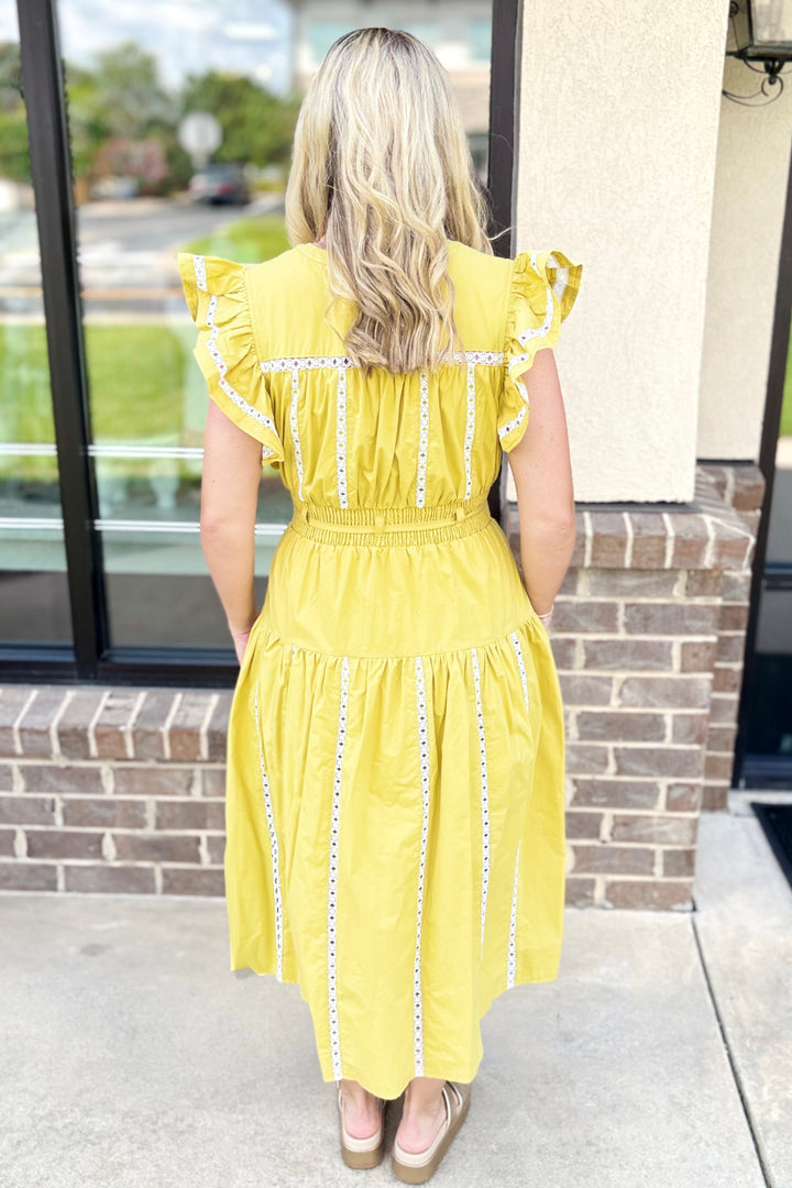 CHARTREUSE LACE DETAIL POPLIN MIDI DRESS