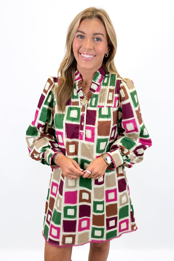 MAGENTA & GREEN GEO PATTERN LONG SLEEVE DRESS