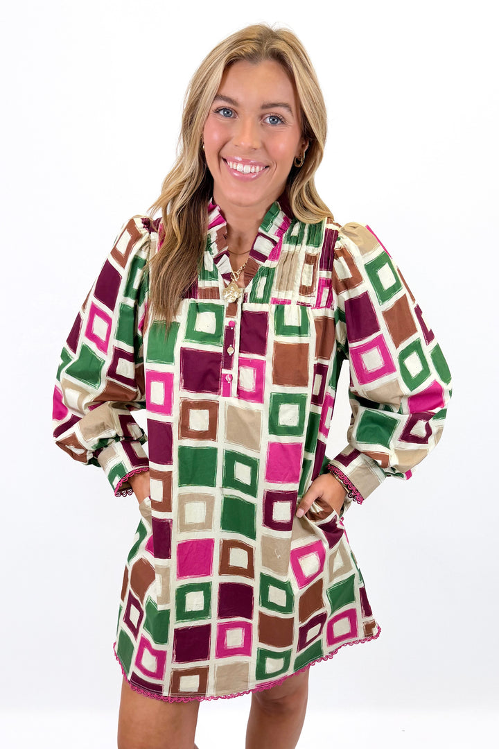 MAGENTA & GREEN GEO PATTERN LONG SLEEVE DRESS