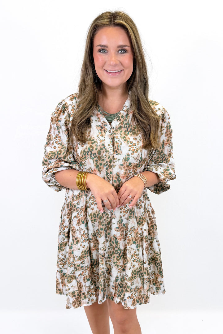 OLIVE LEOPARD MIX PRINT LONG SLEEVE SWING DRESS