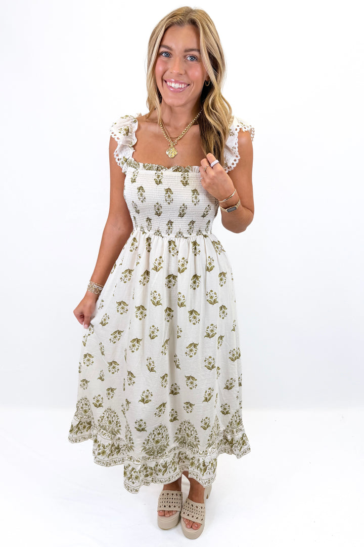 OLIVE BLOCK PRINT SMOCKED RUFFLE SHOULDER MIDI DRESS