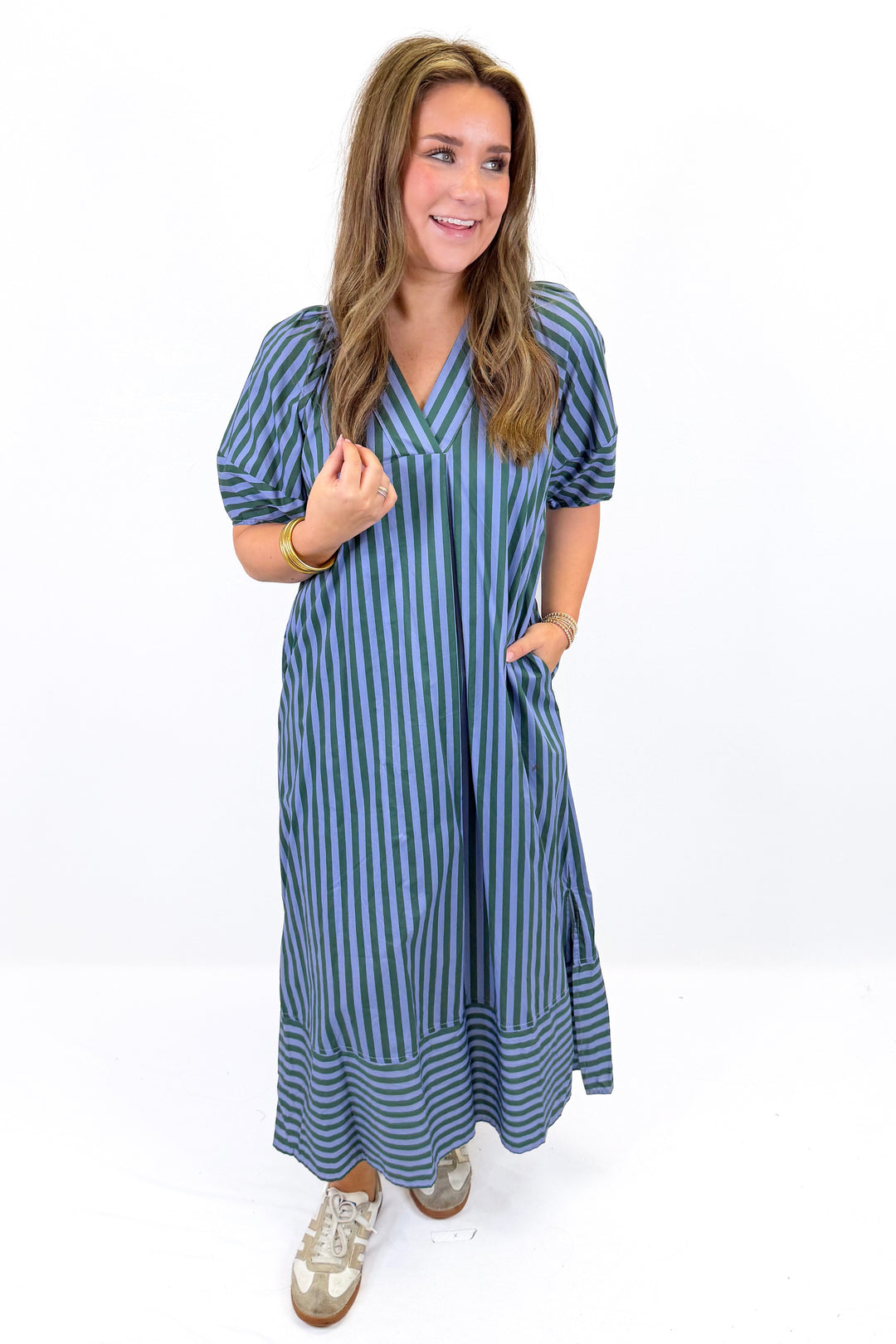 BLUE &amp; GREEN STRIPE VNECK MIDI DRESS