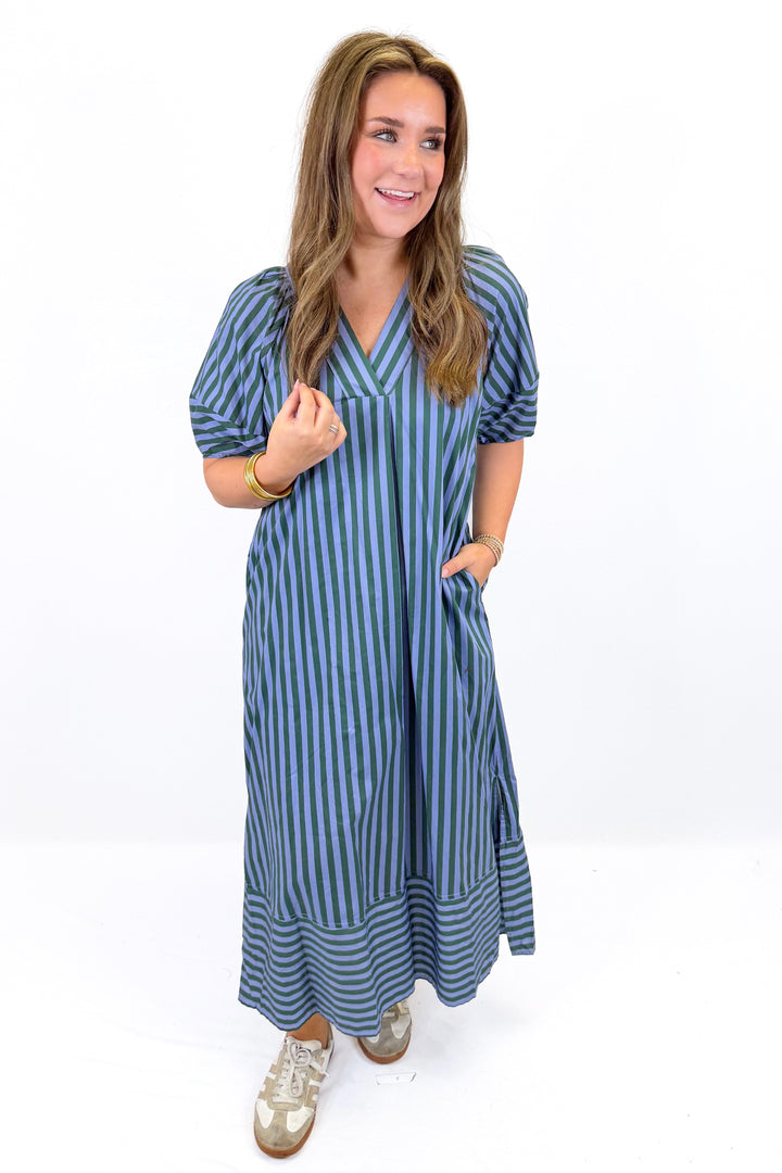 BLUE &amp; GREEN STRIPE VNECK MIDI DRESS