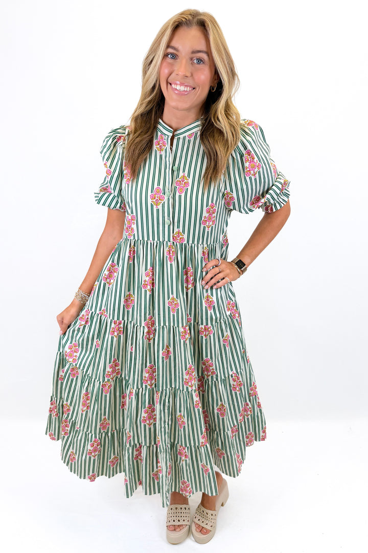 KARLIE: DARK GREEN STRIPE FLORAL KIKI TIER MAXI DRESS