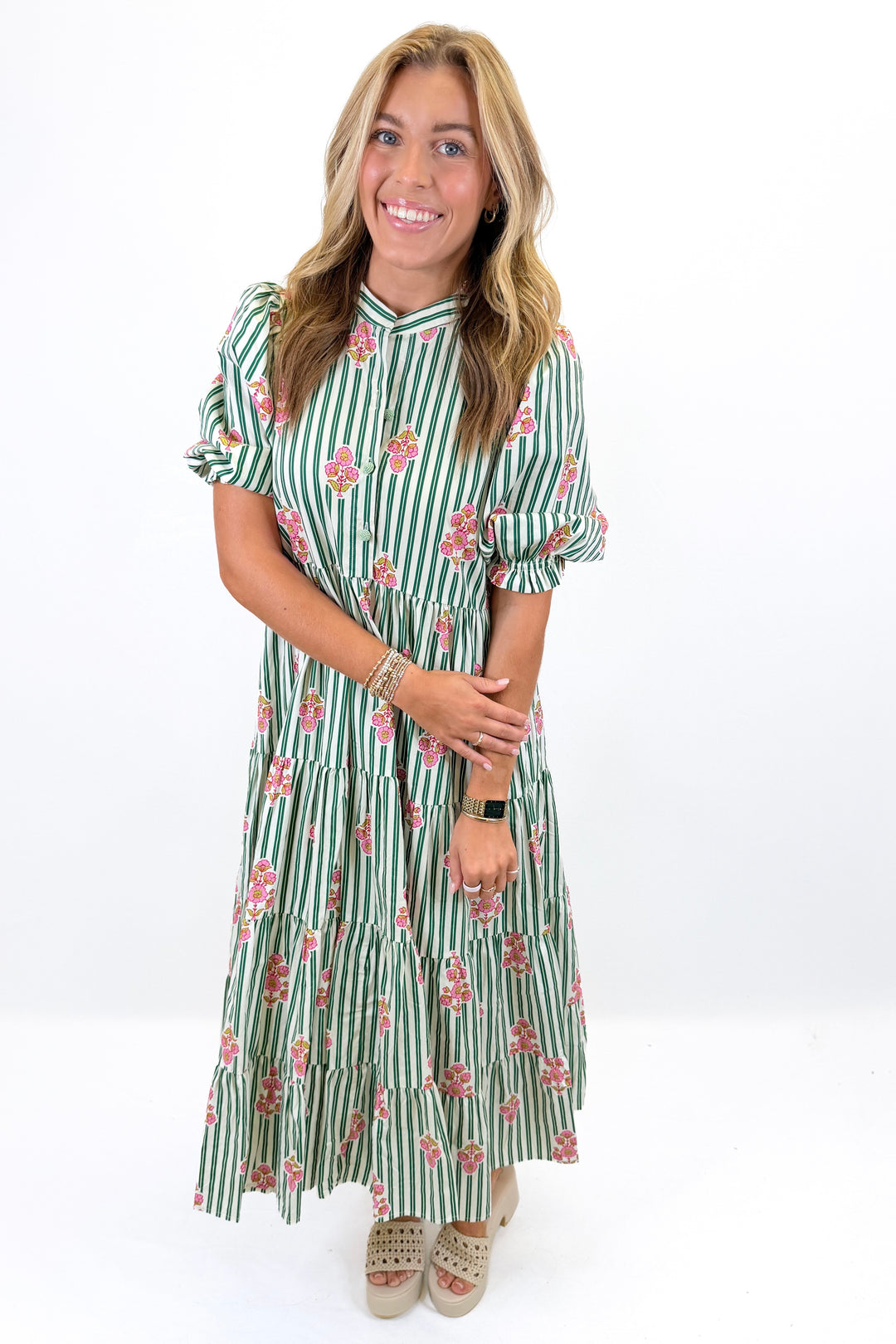 KARLIE: DARK GREEN STRIPE FLORAL KIKI TIER MAXI DRESS
