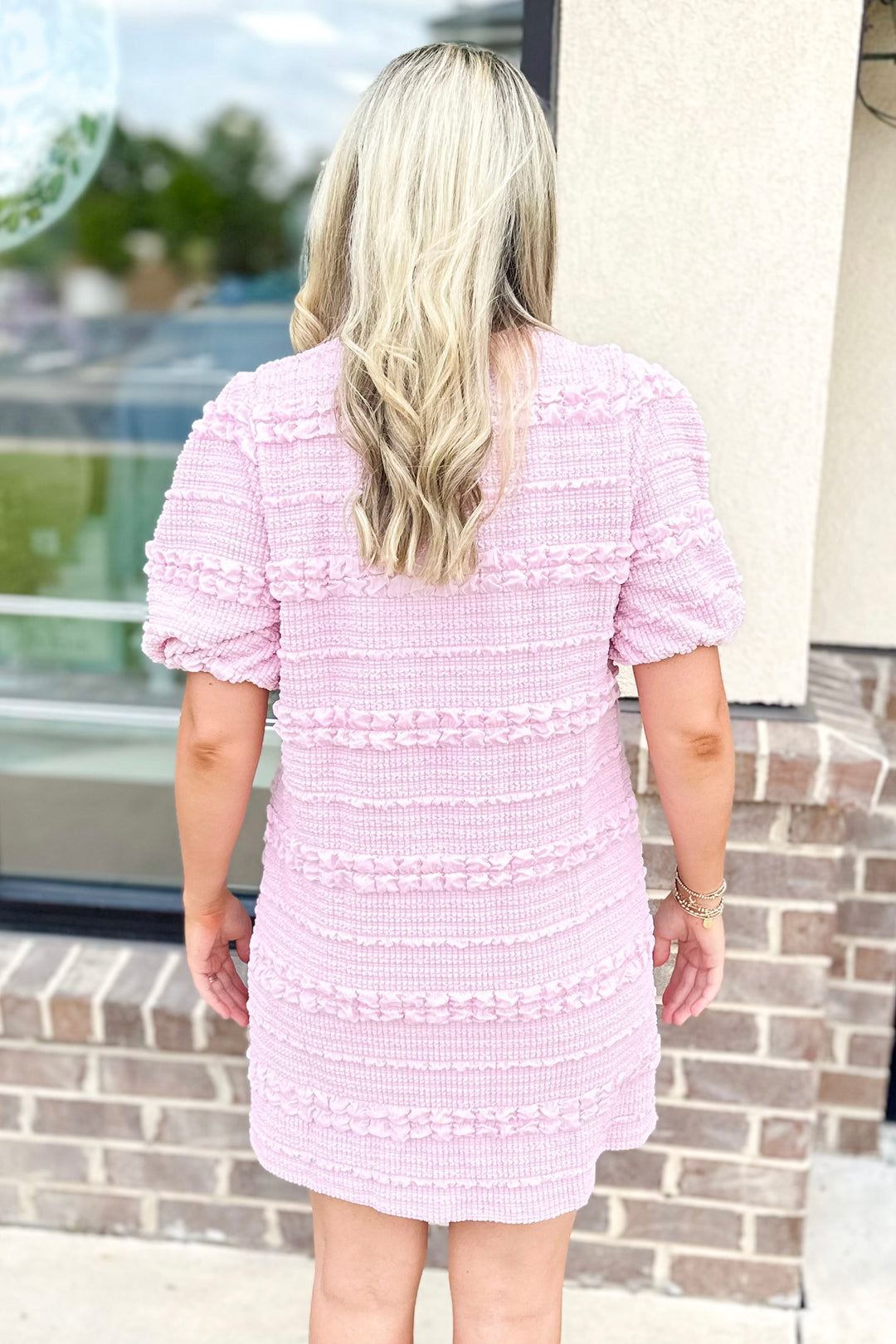 PINK TEXTURED GOLD BUTTON DRESS