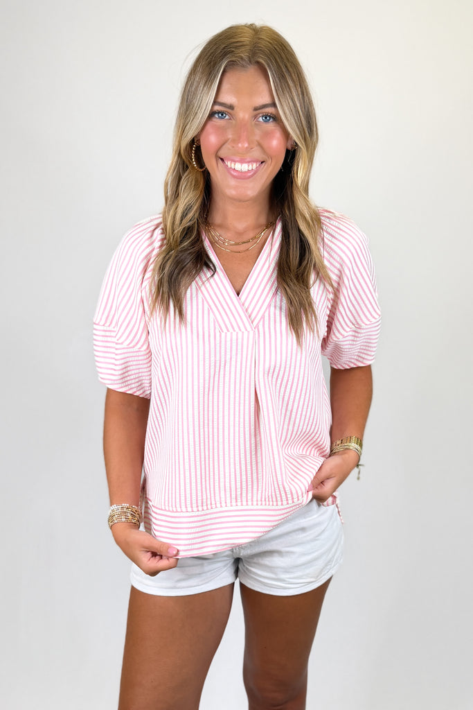 Pink Stripes Banded Trim Top | Womens Tops - Walker Boutique