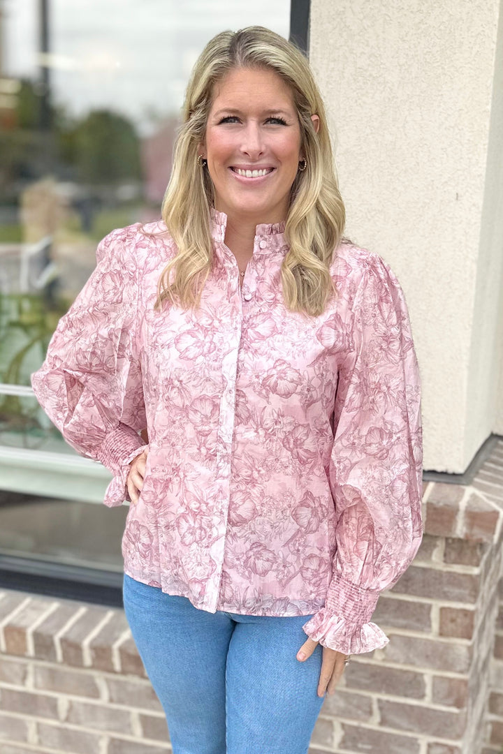 PINK FLORAL RUFFLE NECK TOP