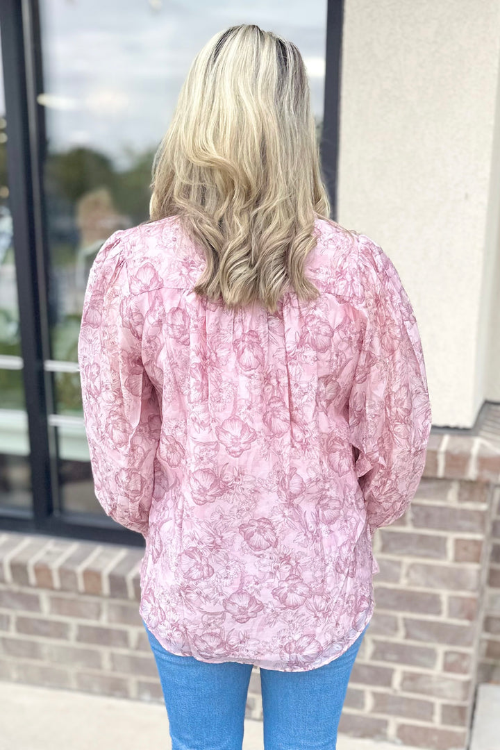 PINK FLORAL RUFFLE NECK TOP