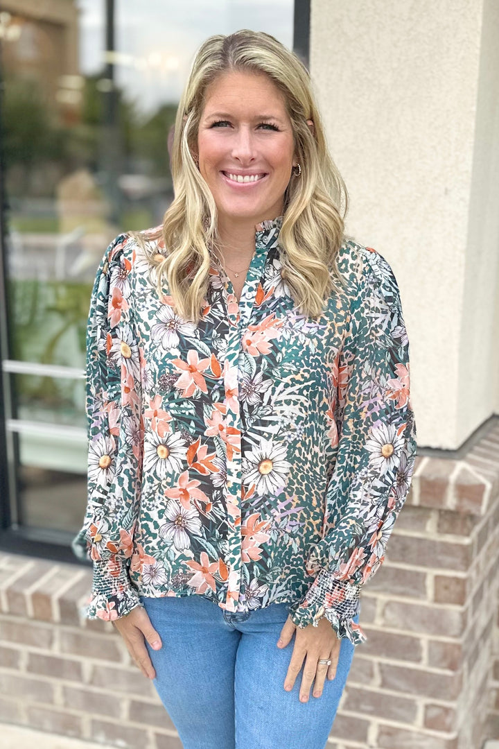 GREEN & ORANGE FLORAL ANIMAL PRINT RUFFLE TOP