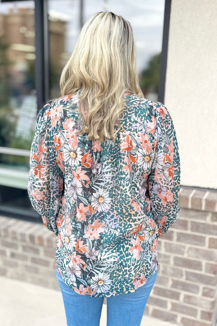 GREEN & ORANGE FLORAL ANIMAL PRINT RUFFLE TOP