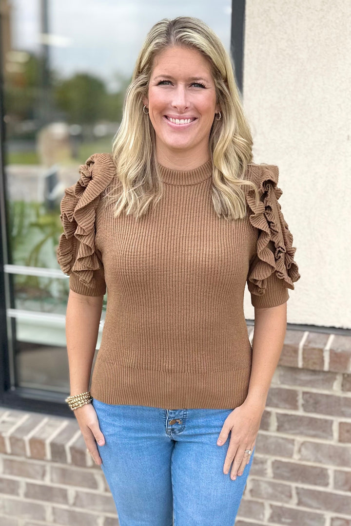 TAUPE RUFFLE SHOULDER SHORT SLEEVE SWEATER