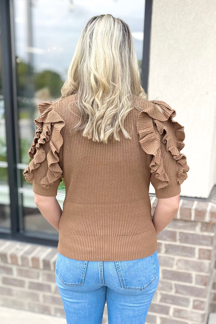 TAUPE RUFFLE SHOULDER SHORT SLEEVE SWEATER