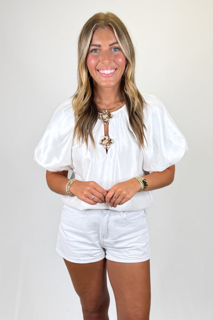 WHITE METALLIC SHEEN GOLD FLOWER BUTTON TOP