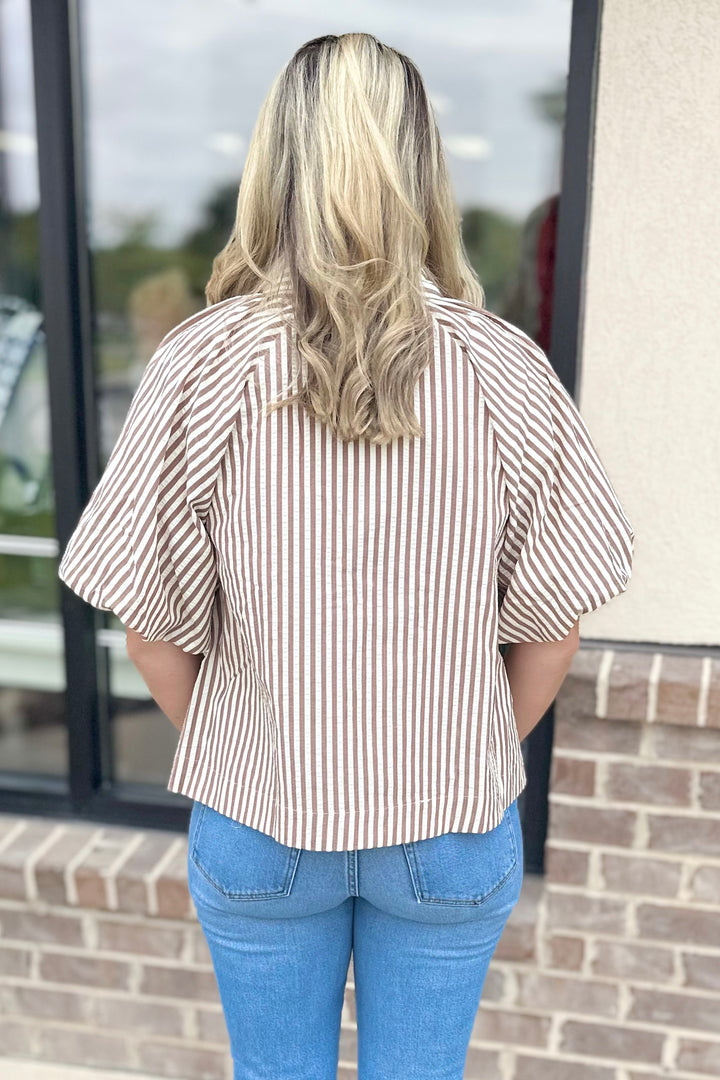 BROWN STRIPE BUTTON PUFF SLEEVE TOP