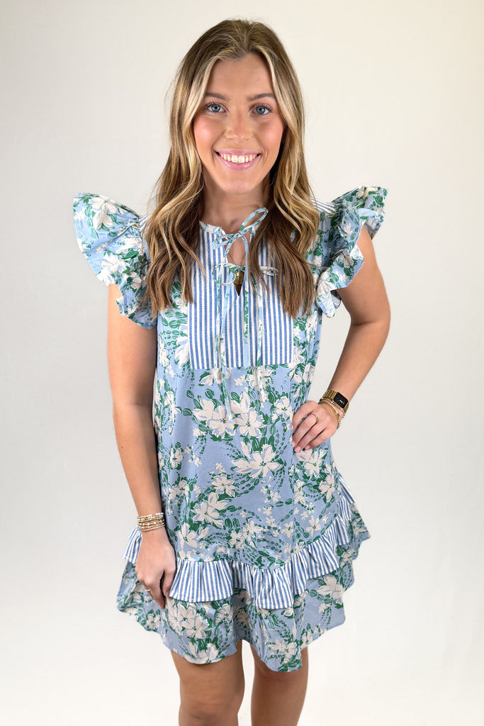 Blue & Green Floral Stripe Trim Dress | Event Ready Womens Apparel