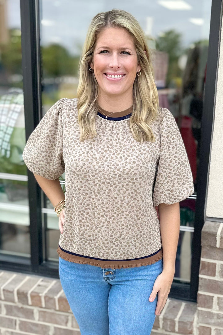 TAUPE FLORAL NAVY STRIPE TRIM TOP