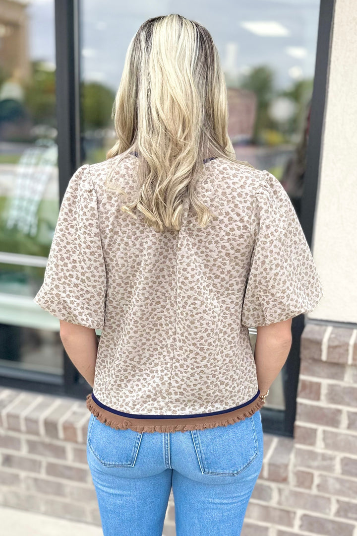 TAUPE FLORAL NAVY STRIPE TRIM TOP