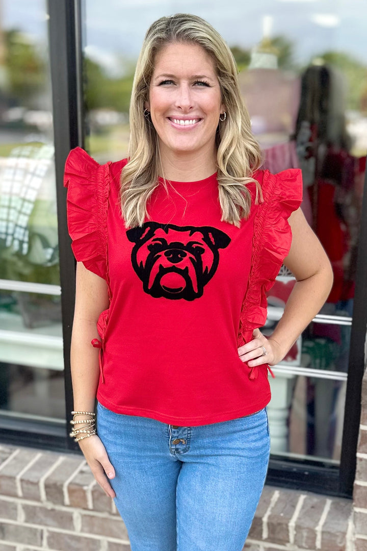 RED RUFFLE BULLDOG FACE TOP