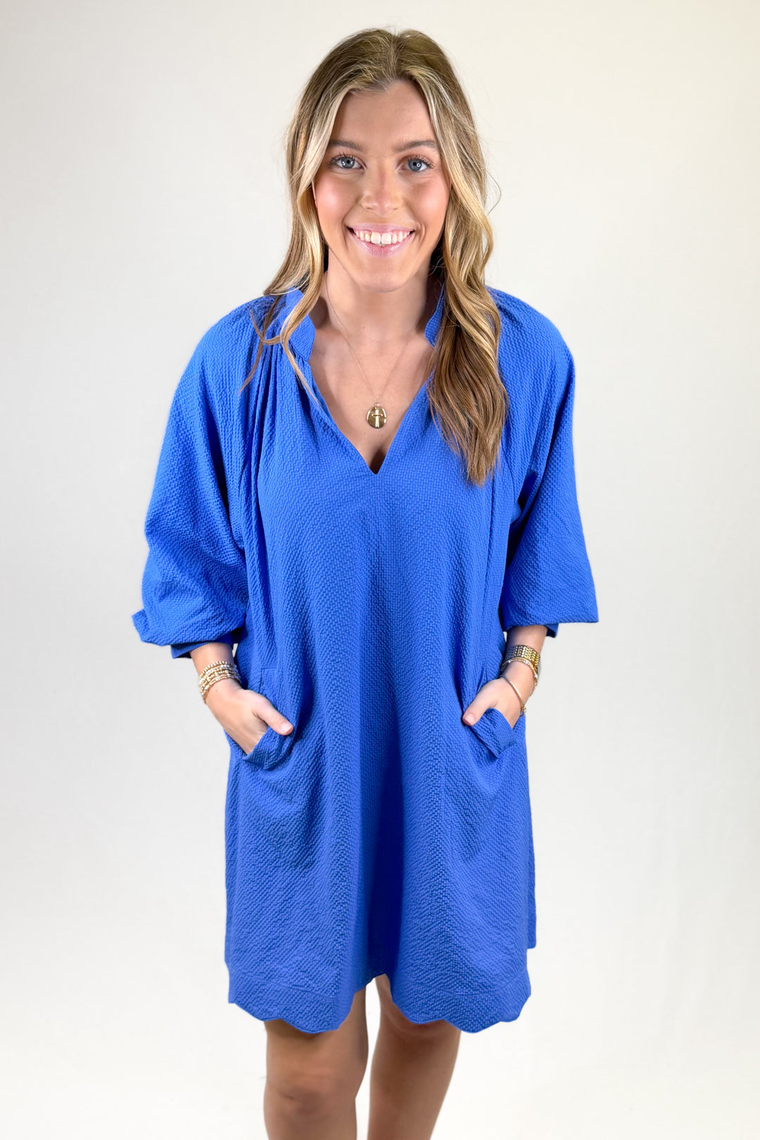 Blue Textured Balloon Sleeve Dress | Brunch to Vacation Style