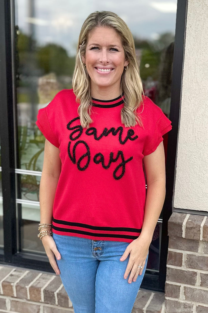 RED & BLACK GLITTER SCRIPT GAME DAY SLEEVELESS SWEATER