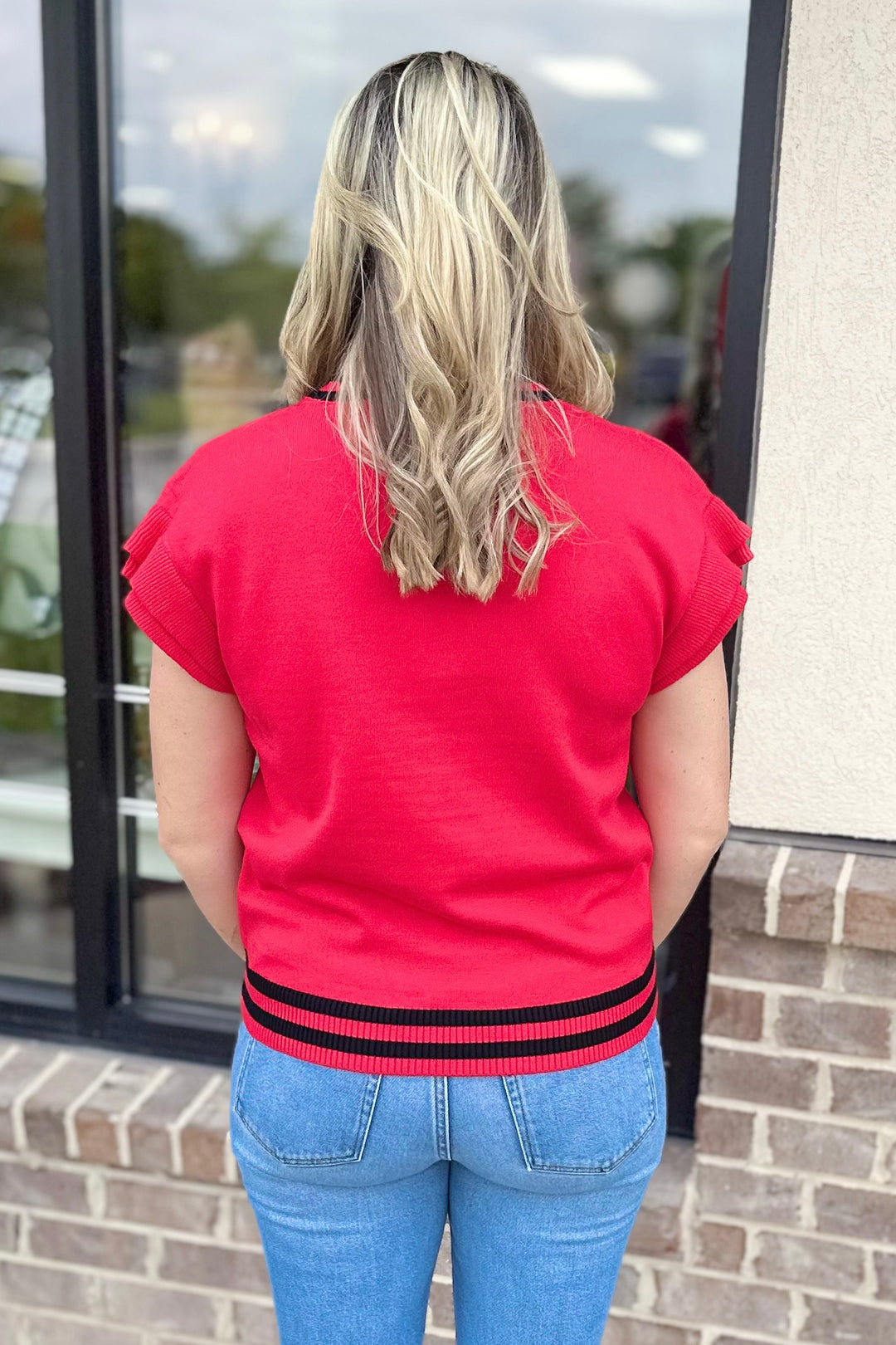 RED & BLACK GLITTER SCRIPT GAME DAY SLEEVELESS SWEATER