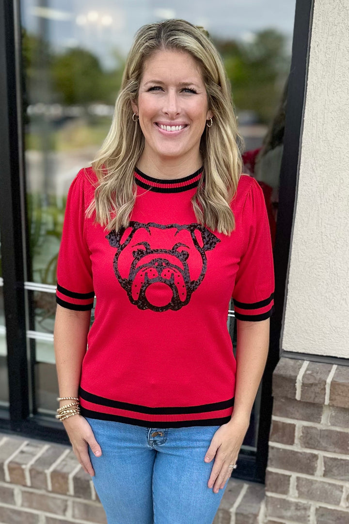 RED & BLACK SEQUIN BULLDOG SHORT SLEEVE SWEATER