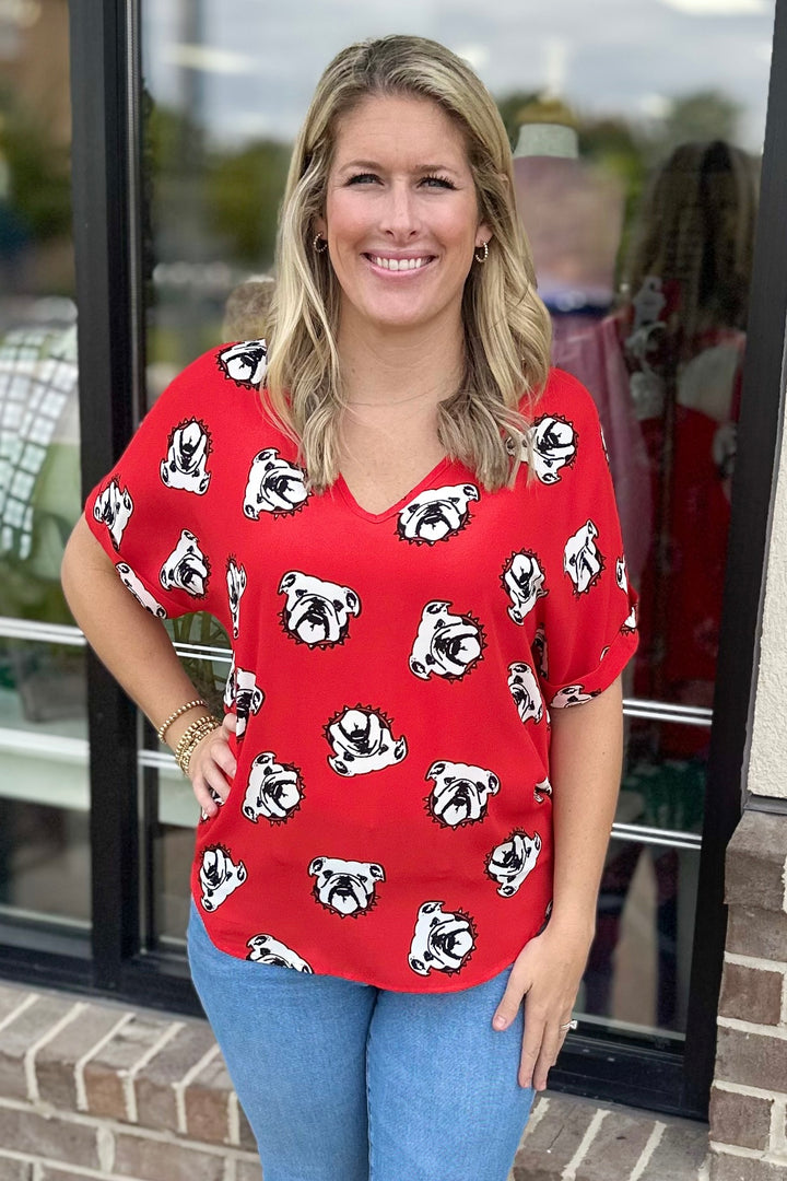 RED BULLDOG PRINT VNECK TUNIC BLOUSE