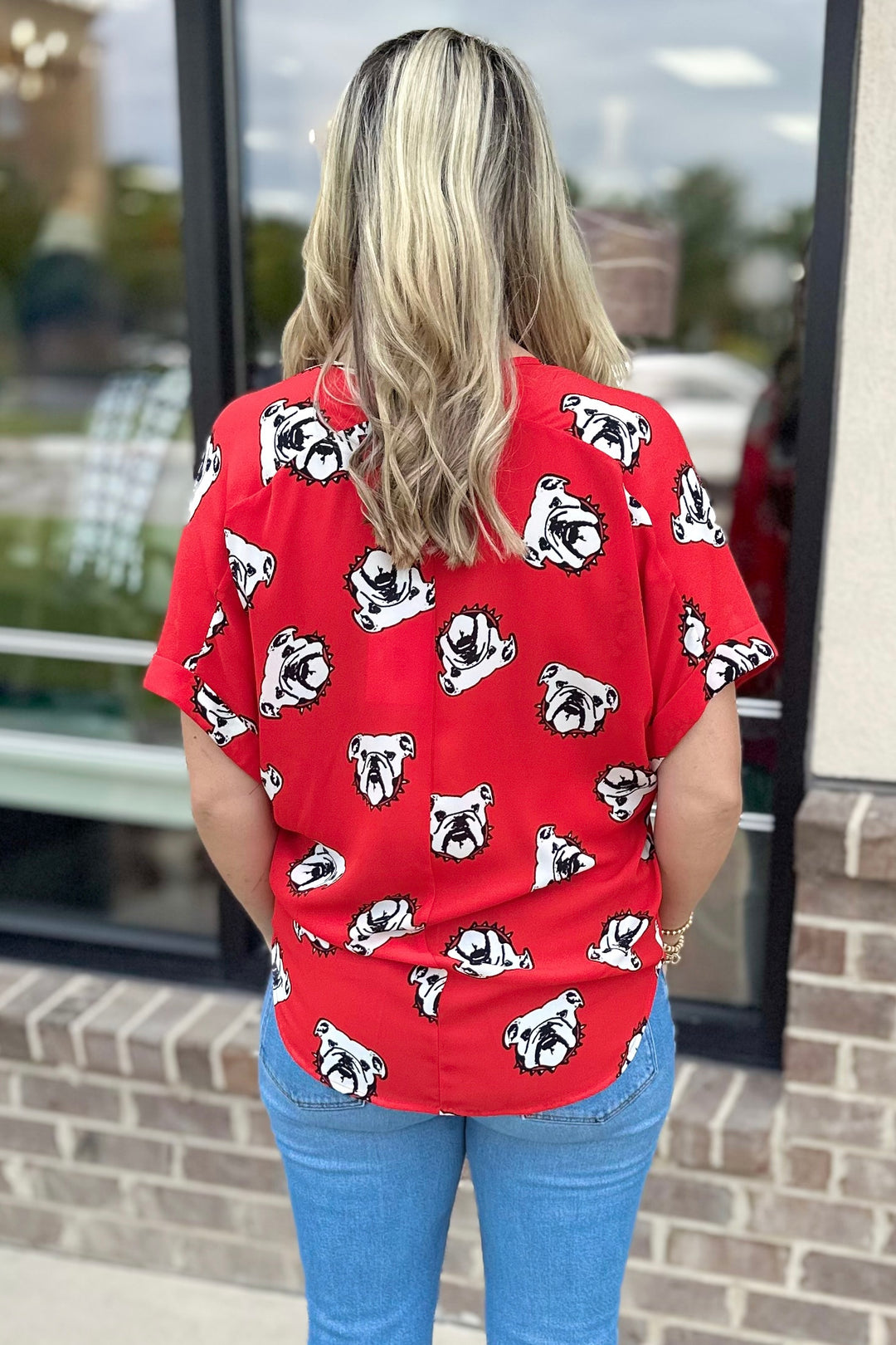 RED BULLDOG PRINT VNECK TUNIC BLOUSE