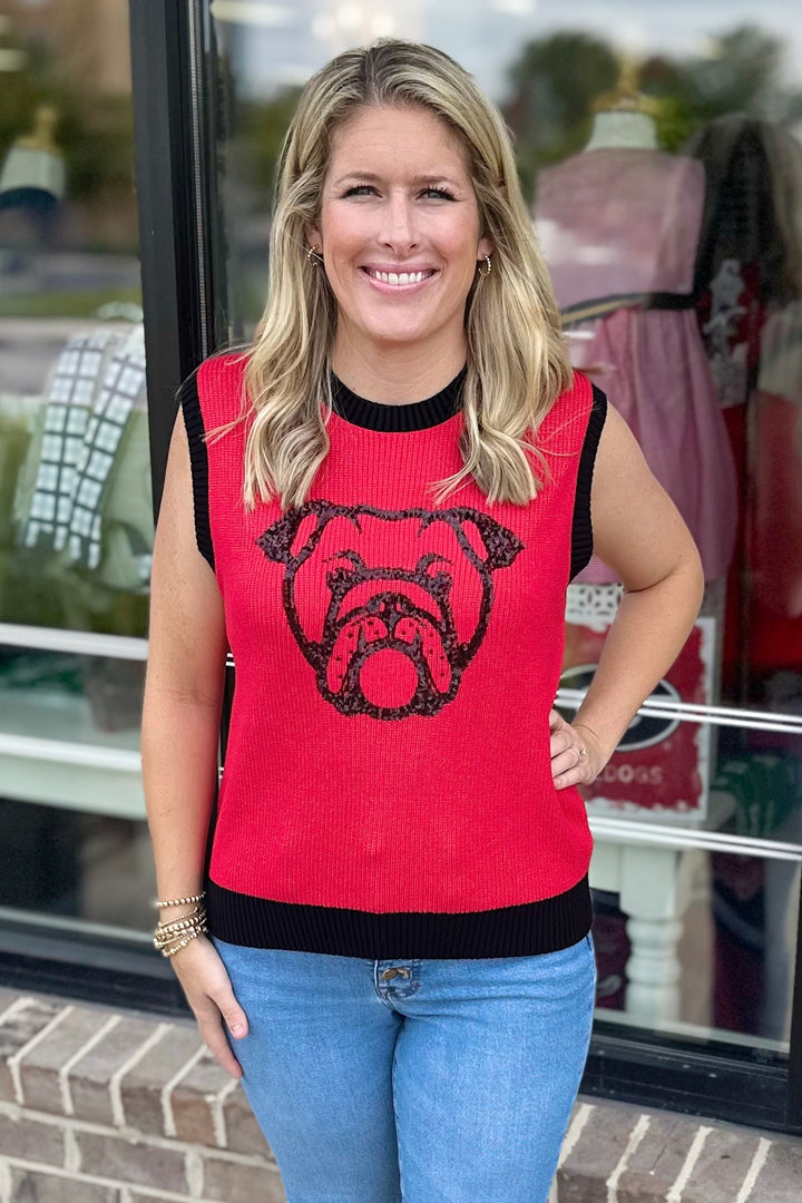 RED & BLACK SEQUIN BULLDOG SWEATER VEST