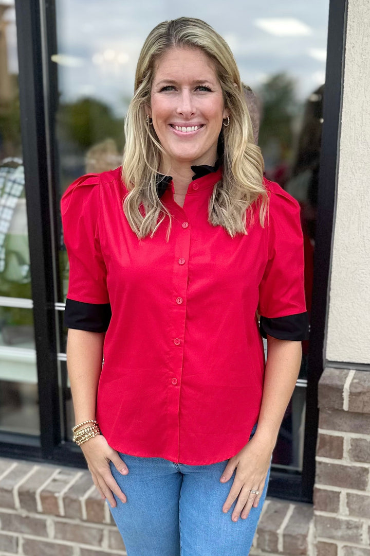 RED & BLACK RUFFLE COLLAR PUFF SLEEVE TOP