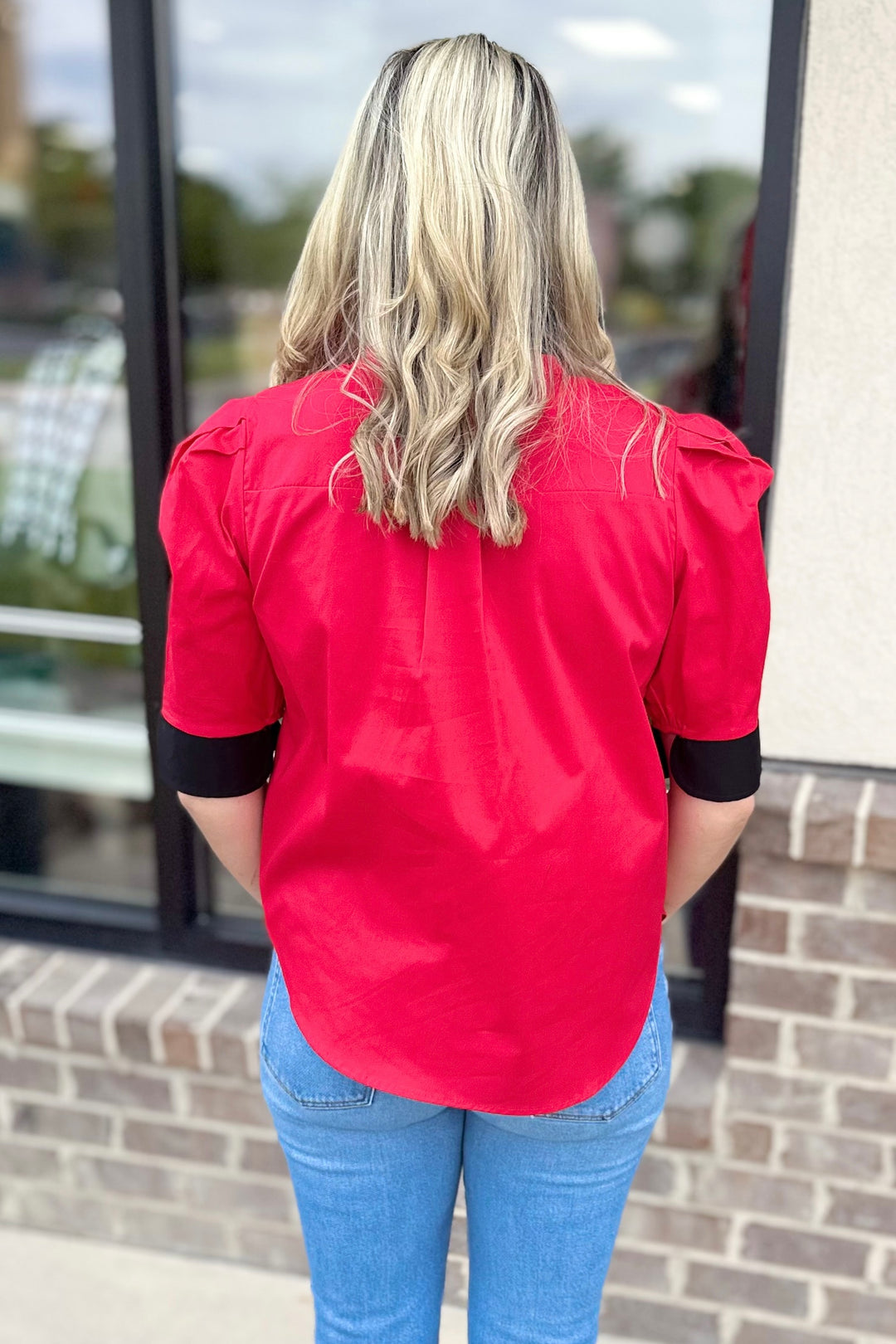 RED & BLACK RUFFLE COLLAR PUFF SLEEVE TOP