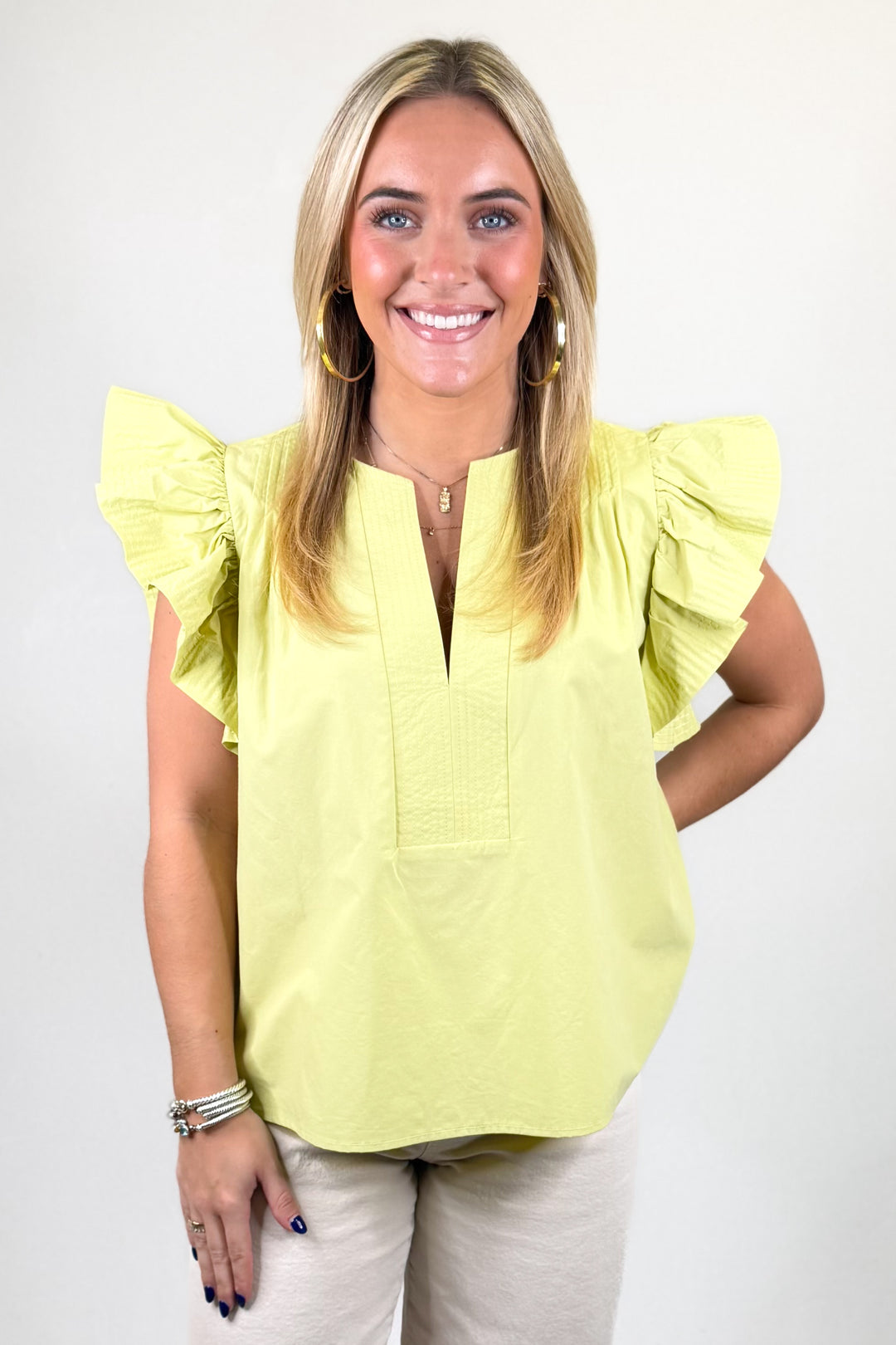 LIME FLUTTER SLEEVE PLEATED DETAIL TOP