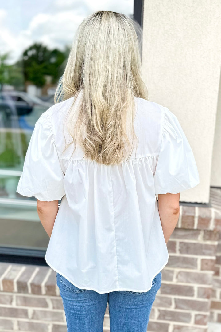 WHITE HALF SLEEVE TUCK PLEAT TOP