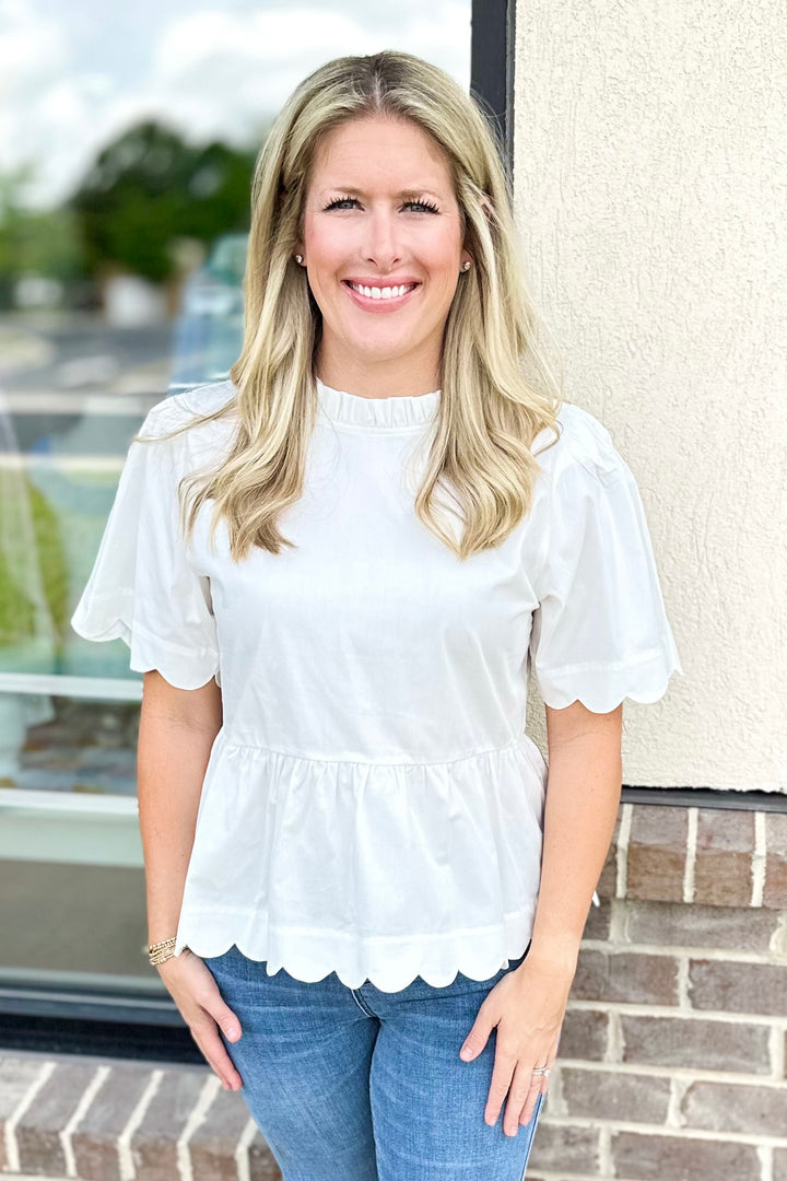 WHITE SCALLOP PEPLUM TOP